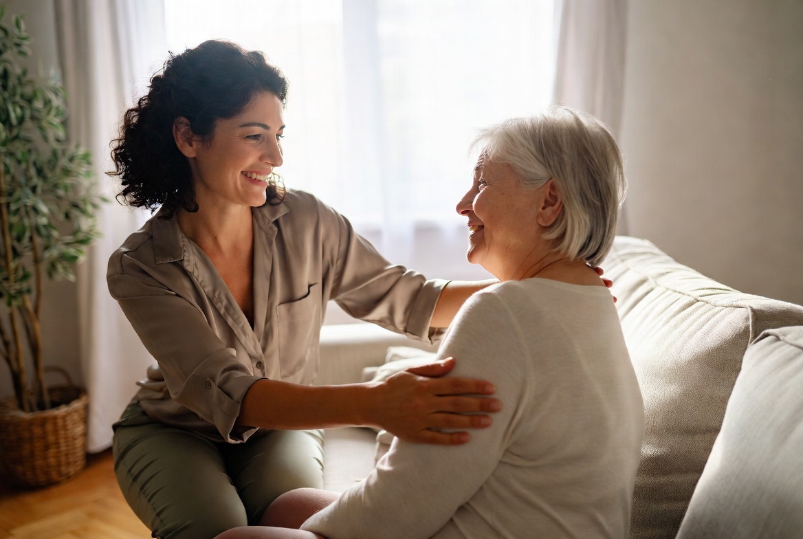 Compassionate caregiver providing in-home care to client