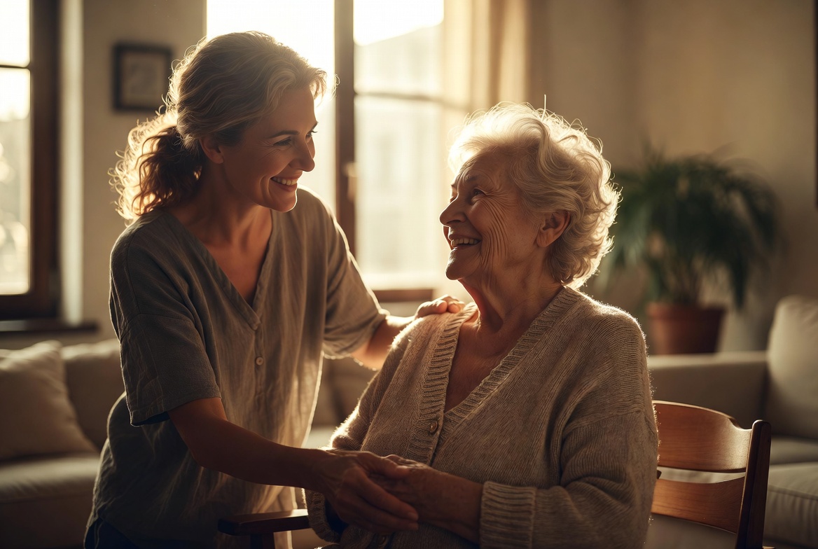 Care worker providing compassionate gold-standard support to a client at home